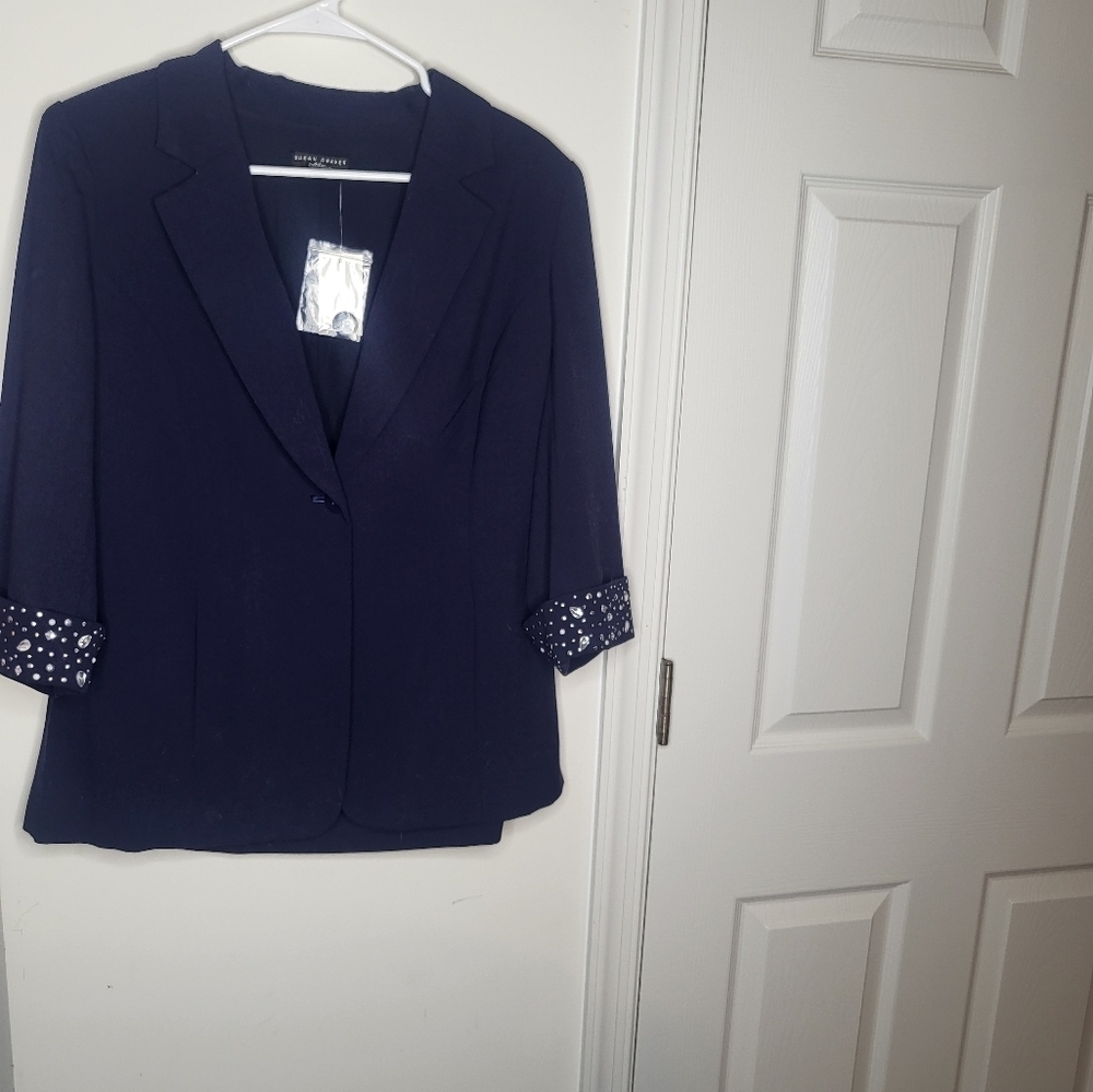 Susan Graver Navy Blazer with jeweled Cuffs